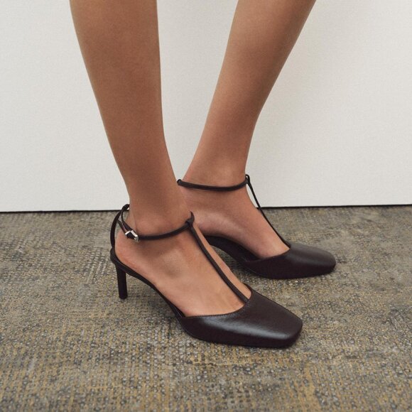 Zara Chocolate Brown Leather Heels - Size 6.5 - Square Toe & Ankle Strap Chic - Picture 1 of 10